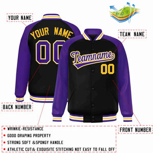 Veste Letterman Varsity Full-Snap à manches raglan personnalisées noir violet-blanc