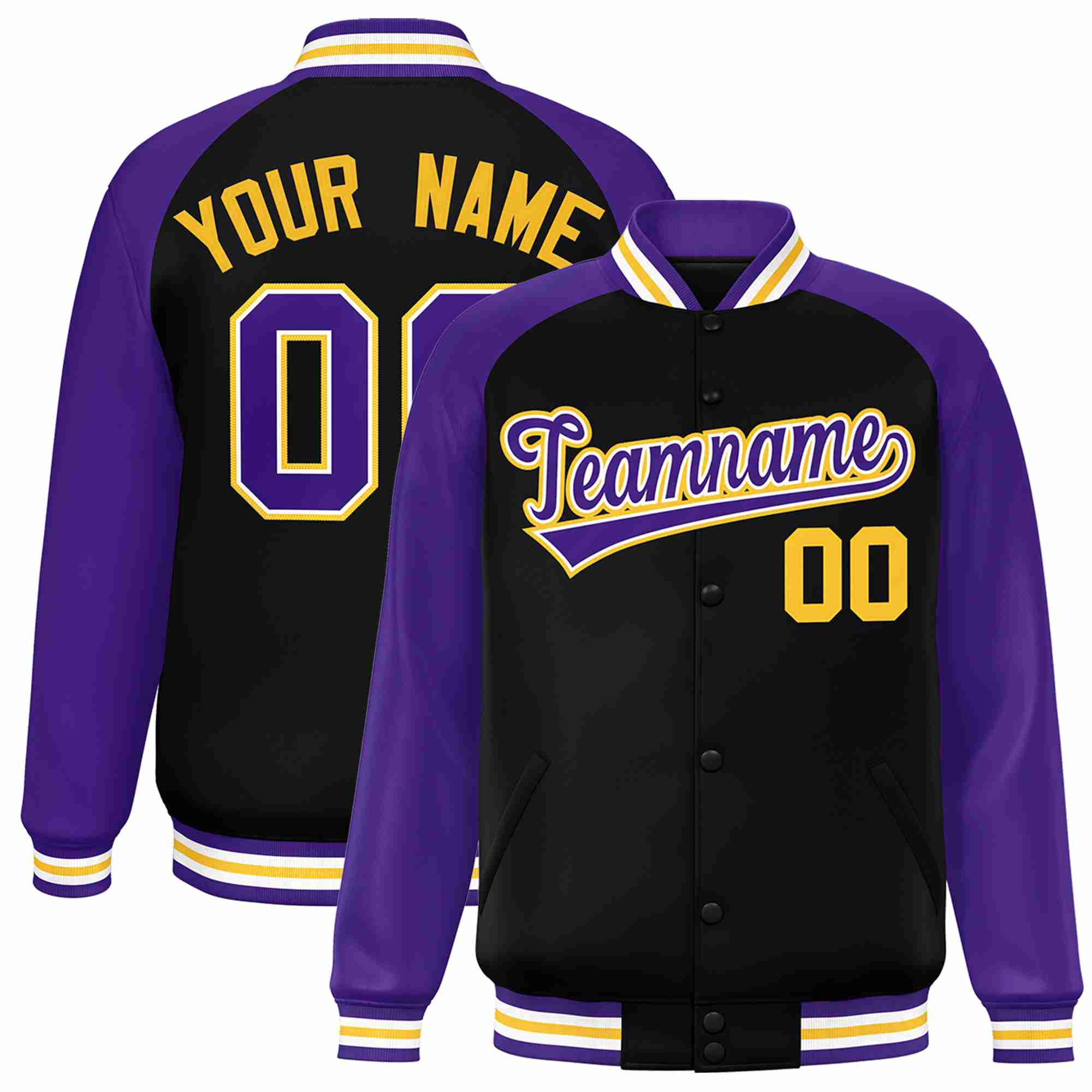 Veste Letterman Varsity Full-Snap à manches raglan personnalisées noir violet-blanc