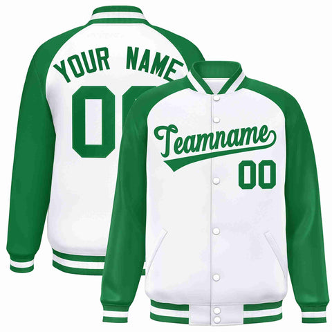 Custom White Green Raglan Sleeves Varsity Full-Snap Letterman Jacket