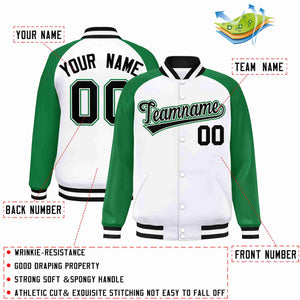 Veste Letterman Varsity Full-Snap à manches raglan blanc noir-blanc personnalisée