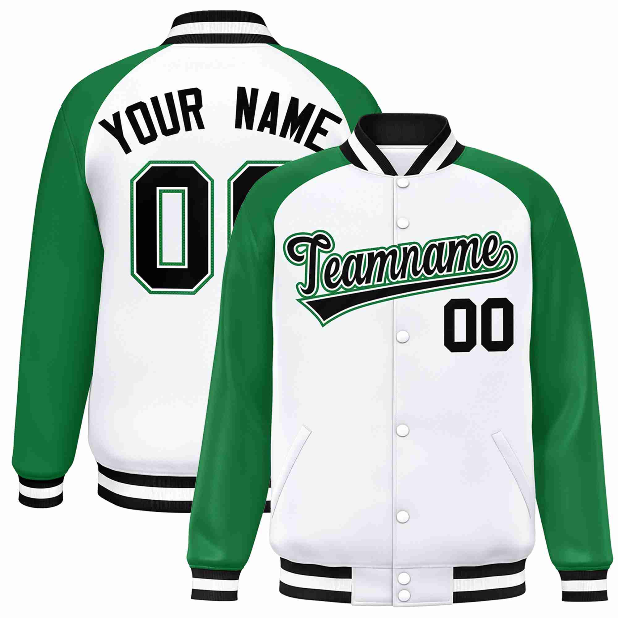 Veste Letterman Varsity Full-Snap à manches raglan blanc noir-blanc personnalisée