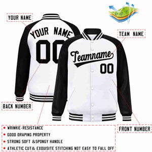 Veste Letterman Varsity Full-Snap à manches raglan blanches et noires personnalisées