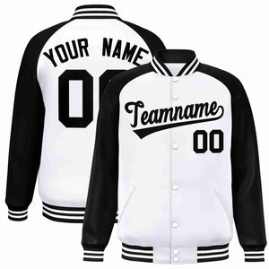 Veste Letterman Varsity Full-Snap à manches raglan blanches et noires personnalisées