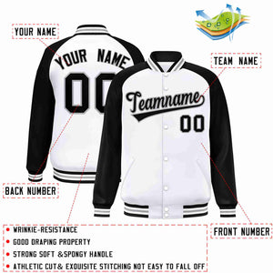 Veste Letterman Varsity Full-Snap personnalisée à manches raglan blanc noir-gris