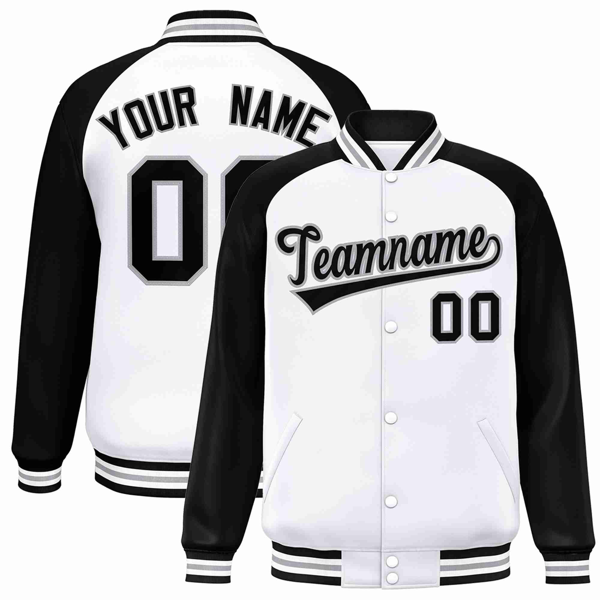 Veste Letterman Varsity Full-Snap personnalisée à manches raglan blanc noir-gris