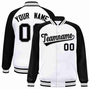 Veste Letterman Varsity Full-Snap personnalisée à manches raglan blanc noir-gris