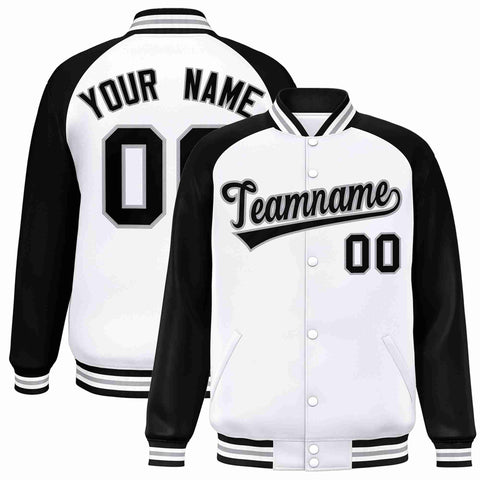 Custom White Black-Gray Raglan Sleeves Varsity Full-Snap Letterman Jacket