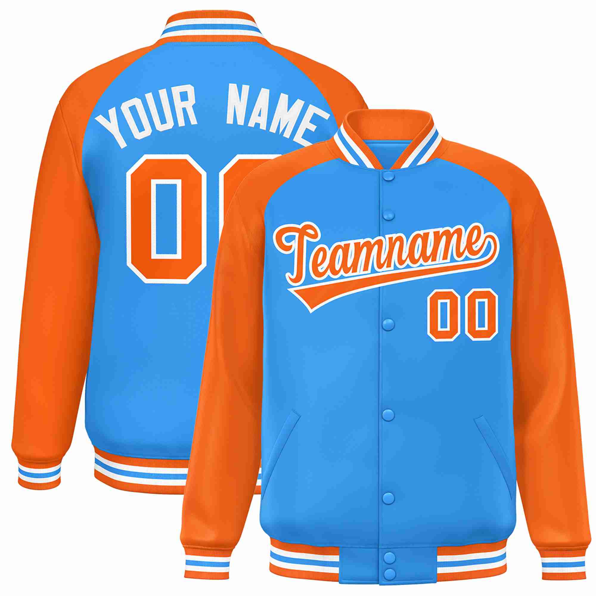 Veste Letterman Varsity Full-Snap à manches raglan bleu poudre orange-blanc personnalisée