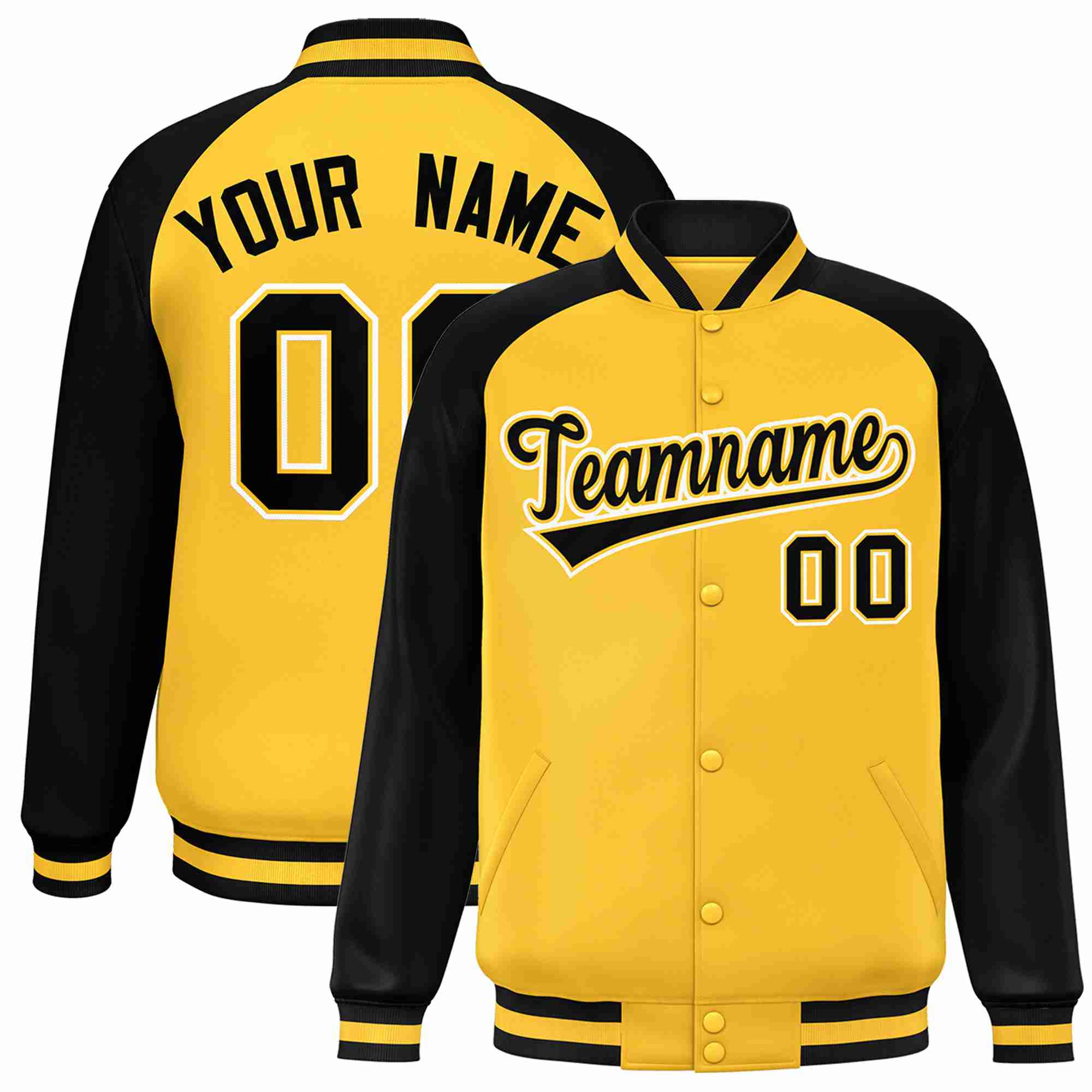 Veste Letterman Varsity Full-Snap à manches raglan personnalisées en or noir-or