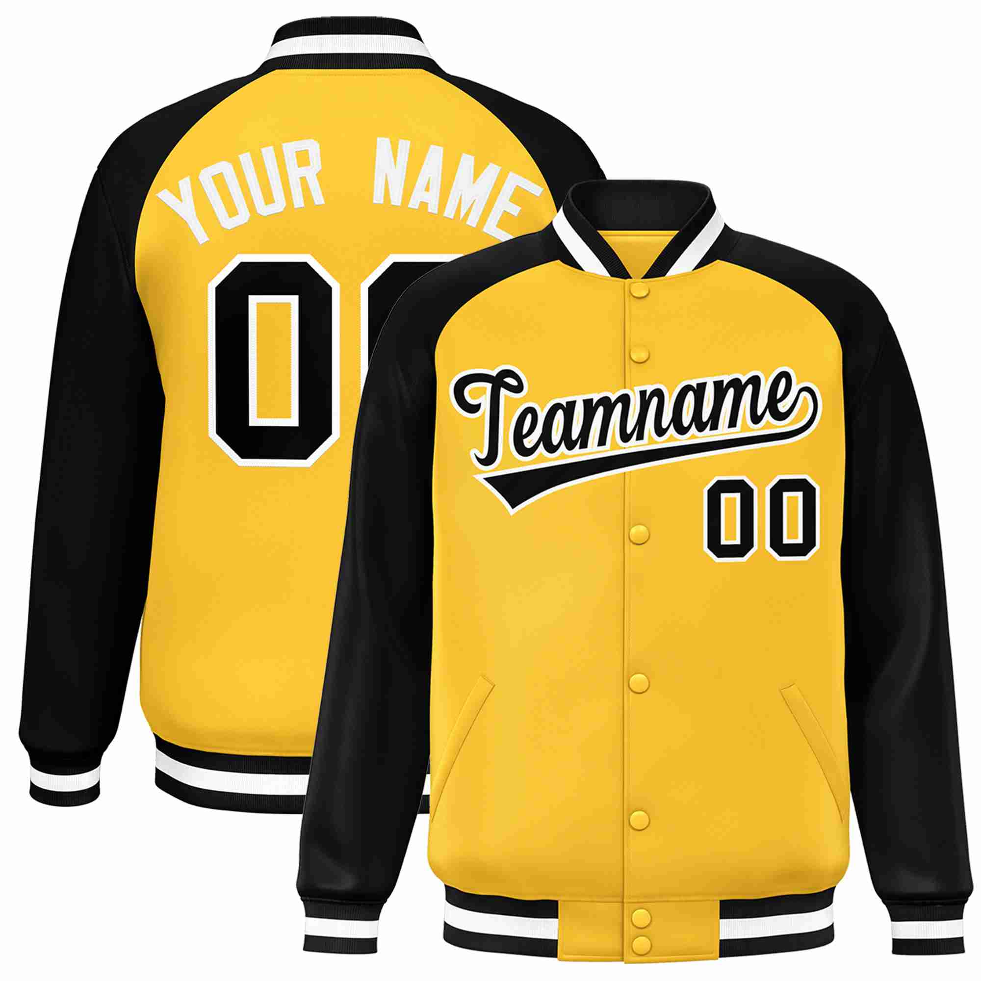 Veste Letterman Varsity Full-Snap à manches raglan personnalisées en or noir et blanc