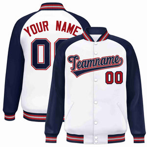 Veste Letterman Varsity Full-Snap personnalisée à manches raglan blanc-gris marine