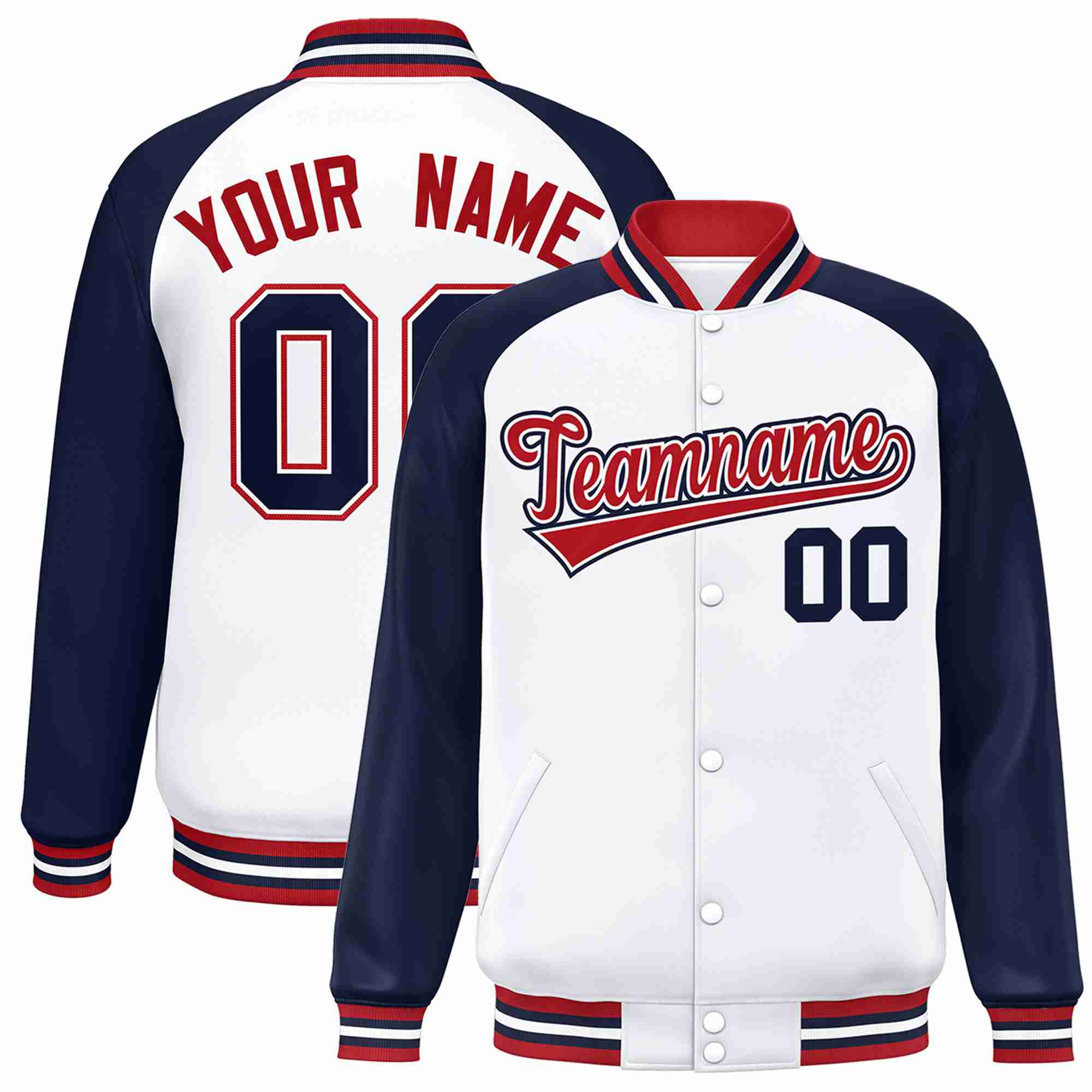 Veste Letterman Varsity Full-Snap à manches raglan blanc rouge-blanc personnalisée