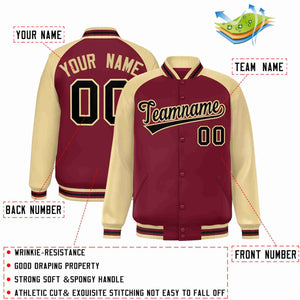 Custom Crimson Black-Khaki Raglan Sleeves Varsity Full-Snap Letterman Jacket