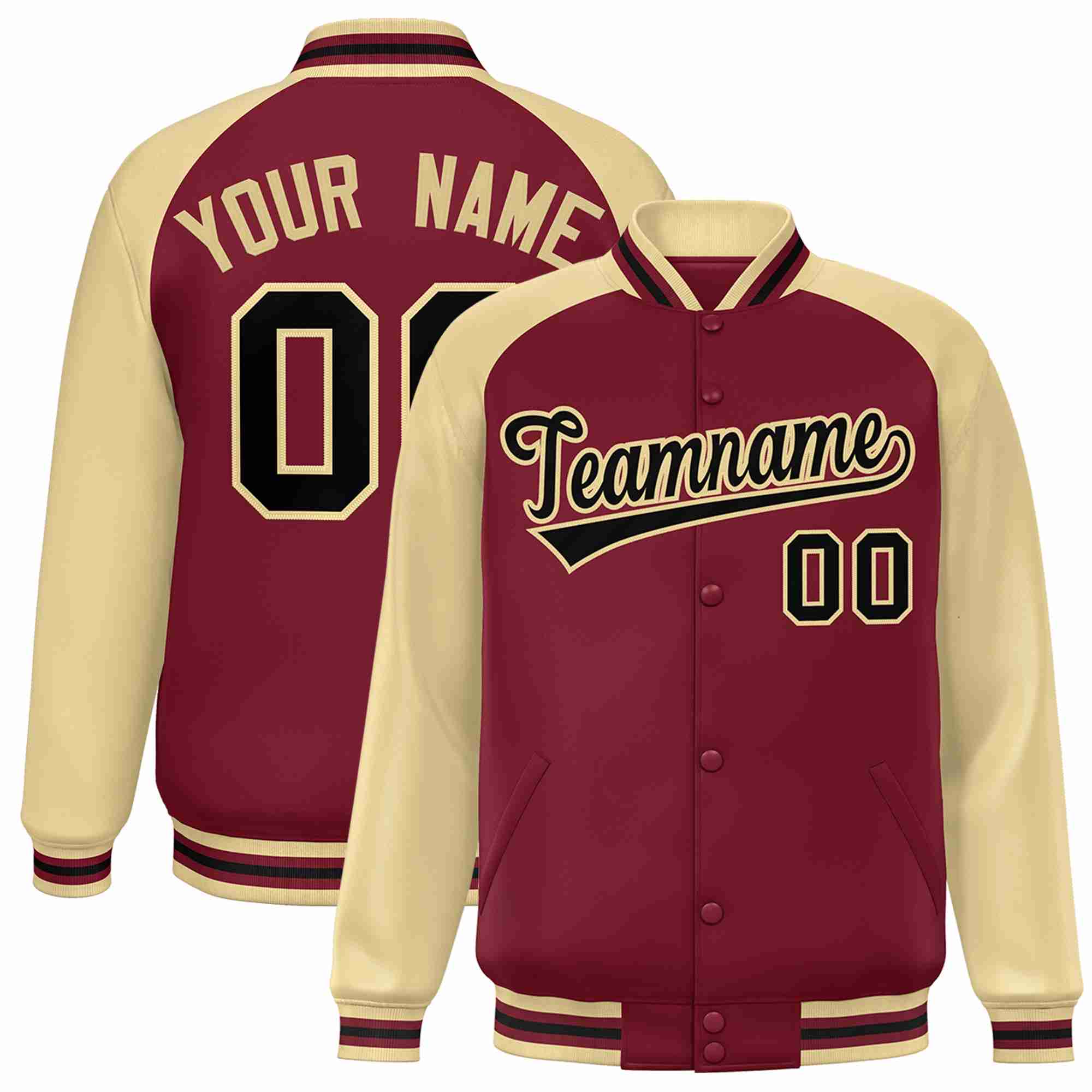 Veste Letterman Varsity Full-Snap Custom Crimson Noir-Kaki à manches raglan