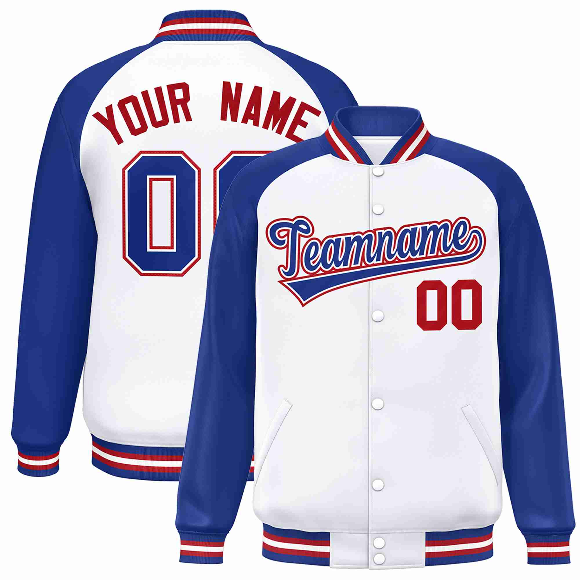 Veste Letterman Varsity Full-Snap à manches raglan blanc royal-blanc personnalisée