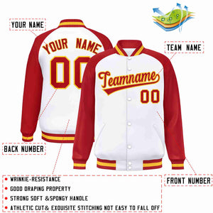 Custom White Red-Gold Raglan Sleeves Varsity Full-Snap Letterman Jacket