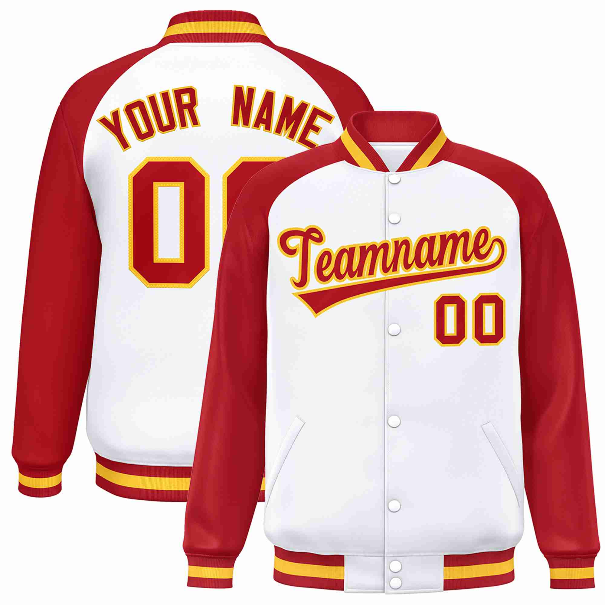 Veste Letterman Varsity Full-Snap à manches raglan personnalisées blanc rouge-or