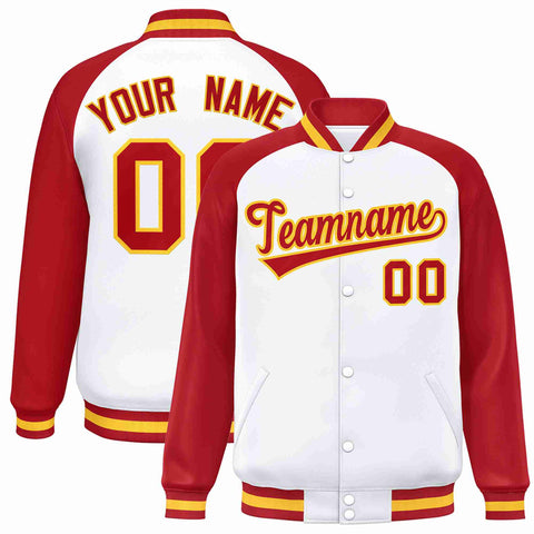 Custom White Red-Gold Raglan Sleeves Varsity Full-Snap Letterman Jacket
