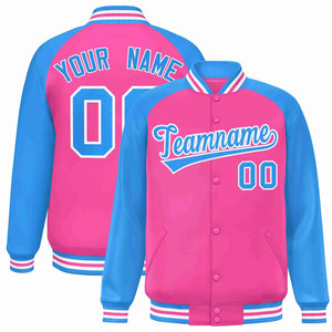 Veste Letterman Varsity Full-Snap à manches raglan rose poudre bleu-blanc personnalisée