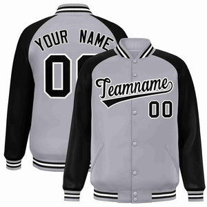 Veste Letterman Varsity Full-Snap à manches raglan gris noir-blanc personnalisée