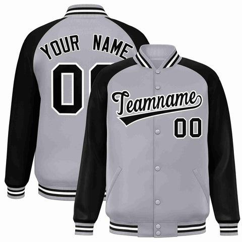 Custom Gray Black-White Raglan Sleeves Varsity Full-Snap Letterman Jacket