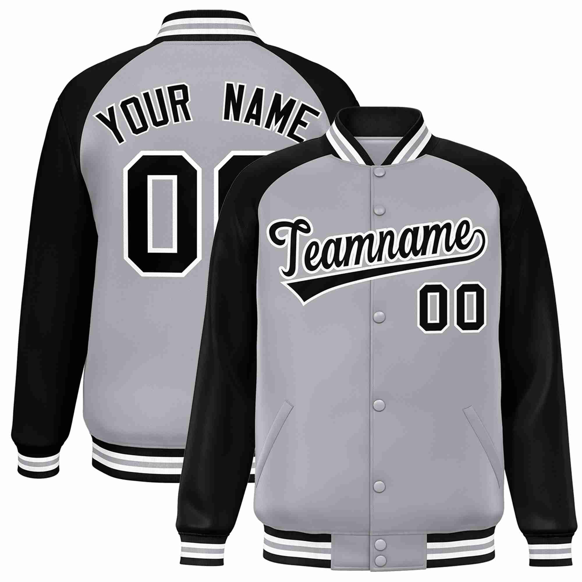 Veste Letterman Varsity Full-Snap à manches raglan gris noir-blanc personnalisée