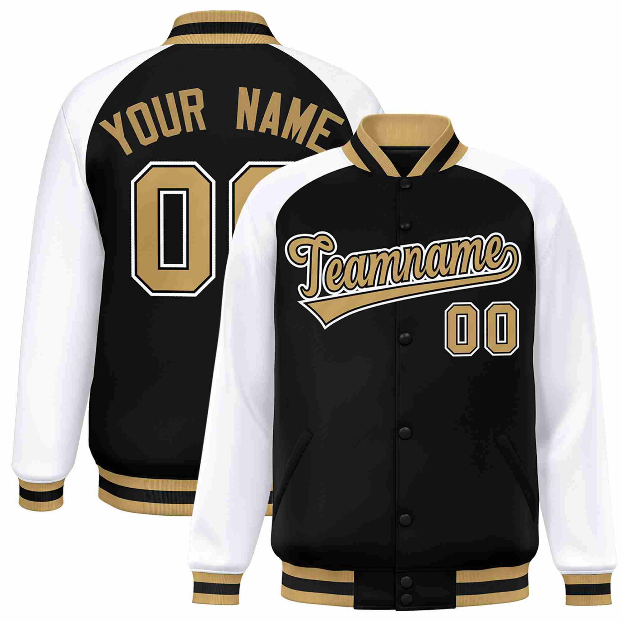 Custom Black Old Gold-Black Raglan Sleeves Varsity Full-Snap Letterman Jacket