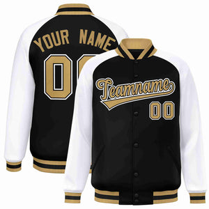 Veste Letterman Varsity Full-Snap Custom Black Old Gold-Black à manches raglan