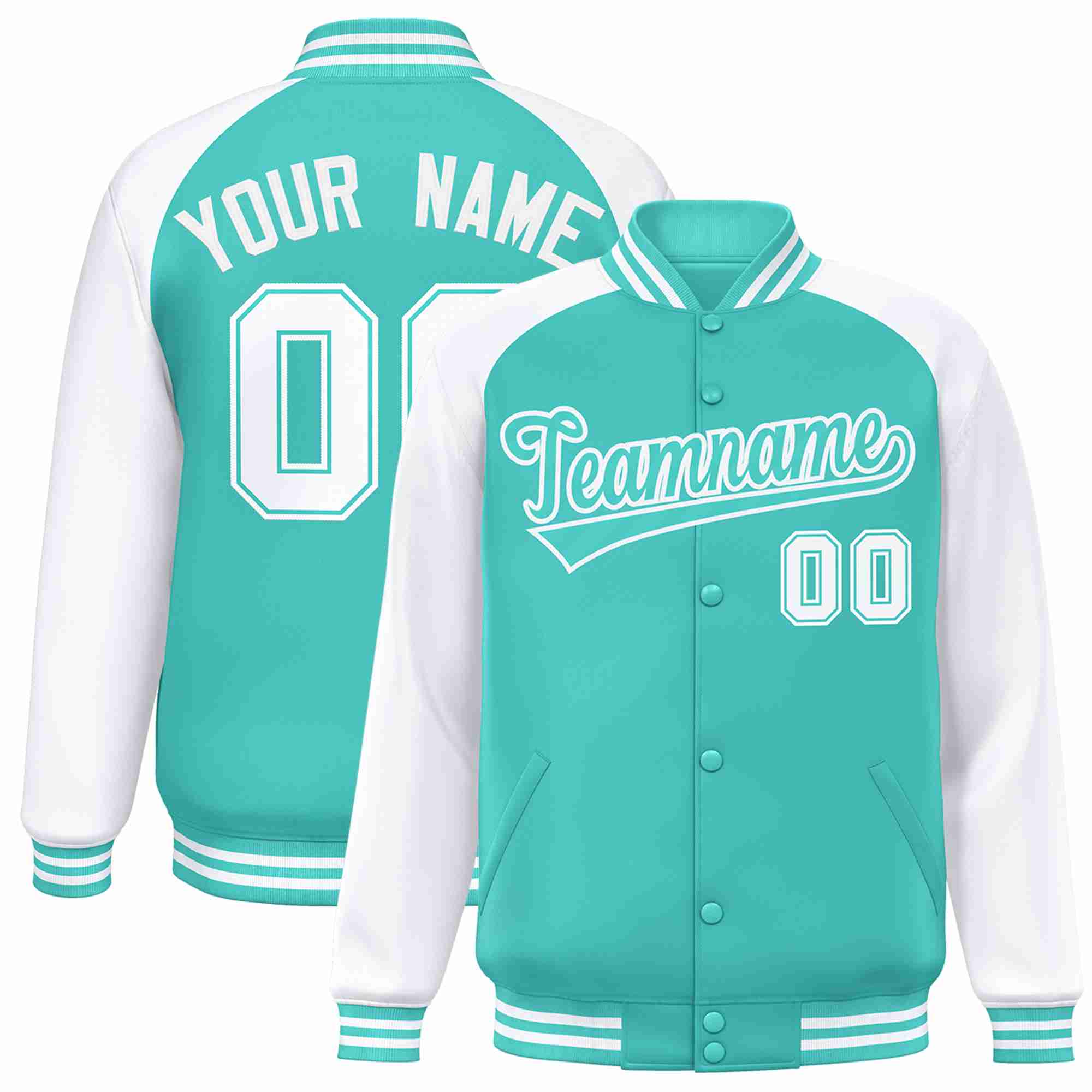 Veste Letterman Varsity Full-Snap à manches raglan blanches Aqua personnalisées