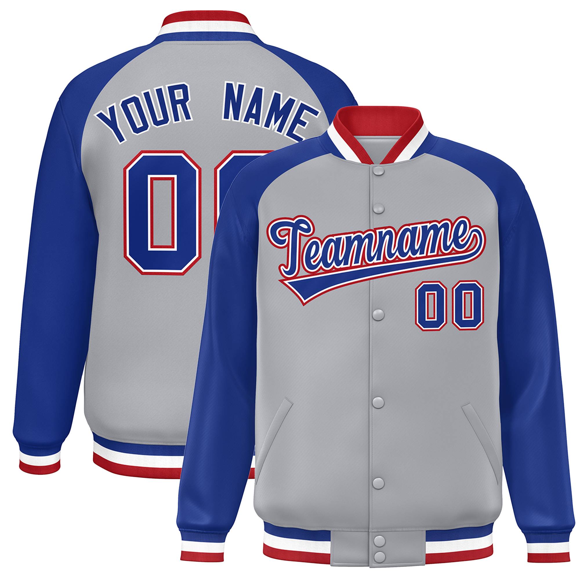 Veste Letterman Varsity Full-Snap à manches raglan gris royal-blanc personnalisée