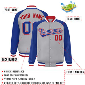 Custom Gray Royal-White Raglan Sleeves Varsity Full-Snap Letterman Jacket