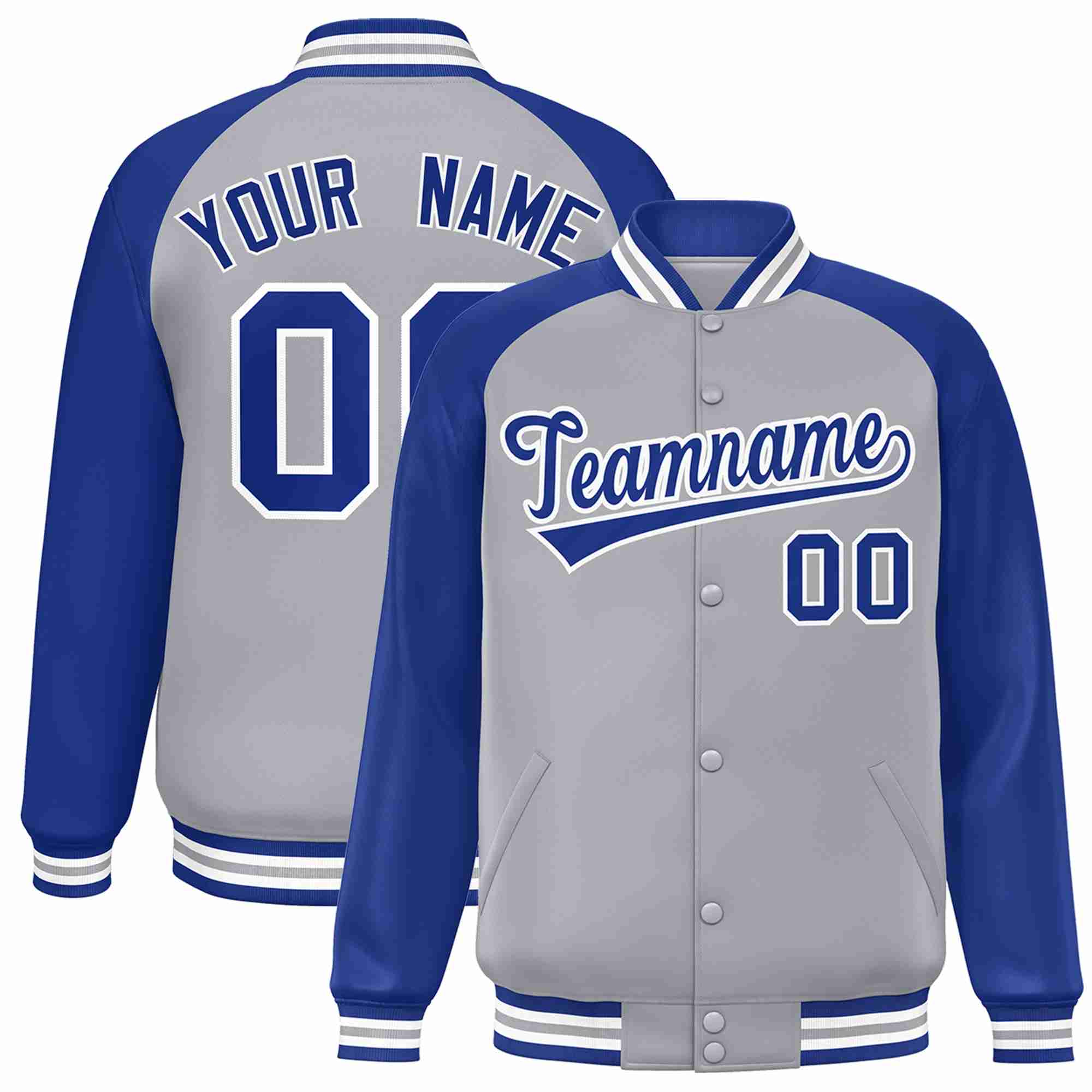 Veste Letterman Varsity Full-Snap à manches raglan gris royal-blanc personnalisée