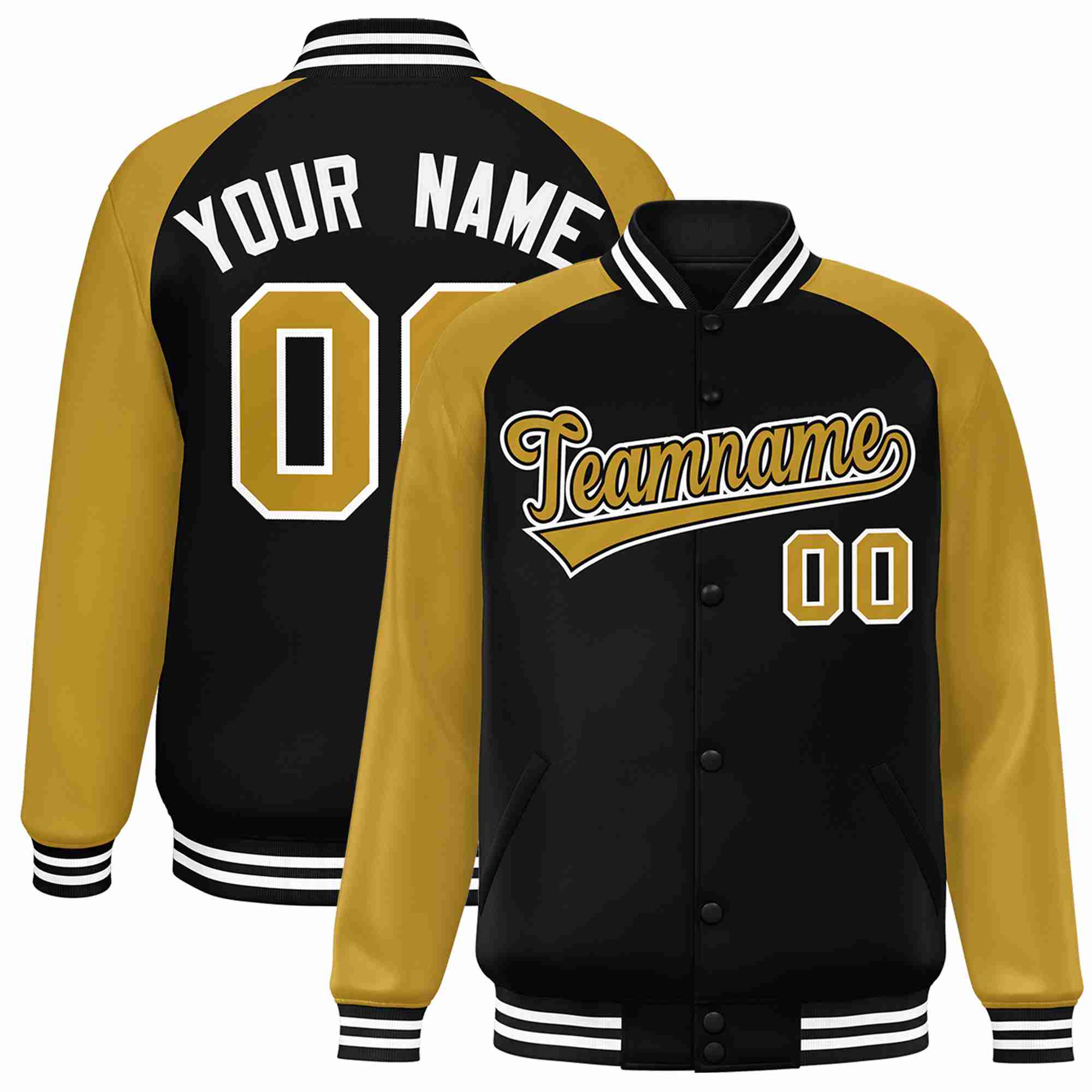 Veste Letterman Varsity Full-Snap Custom Black Old Gold-Black à manches raglan