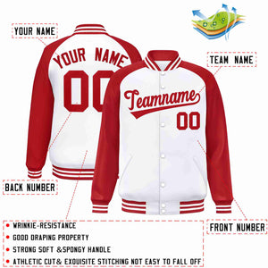 Veste Letterman Varsity Full-Snap à manches raglan blanches et rouges personnalisées