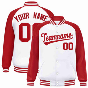 Veste Letterman Varsity Full-Snap à manches raglan blanches et rouges personnalisées