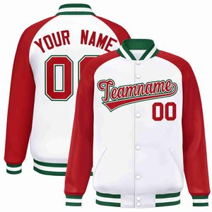 Custom White Red-White Raglan Sleeves Varsity Full-Snap Letterman Jacket