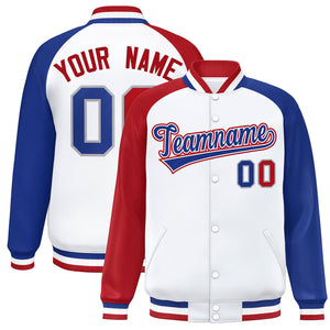 Custom White Royal-White Raglan Sleeves Varsity Full-Snap Letterman Jacket