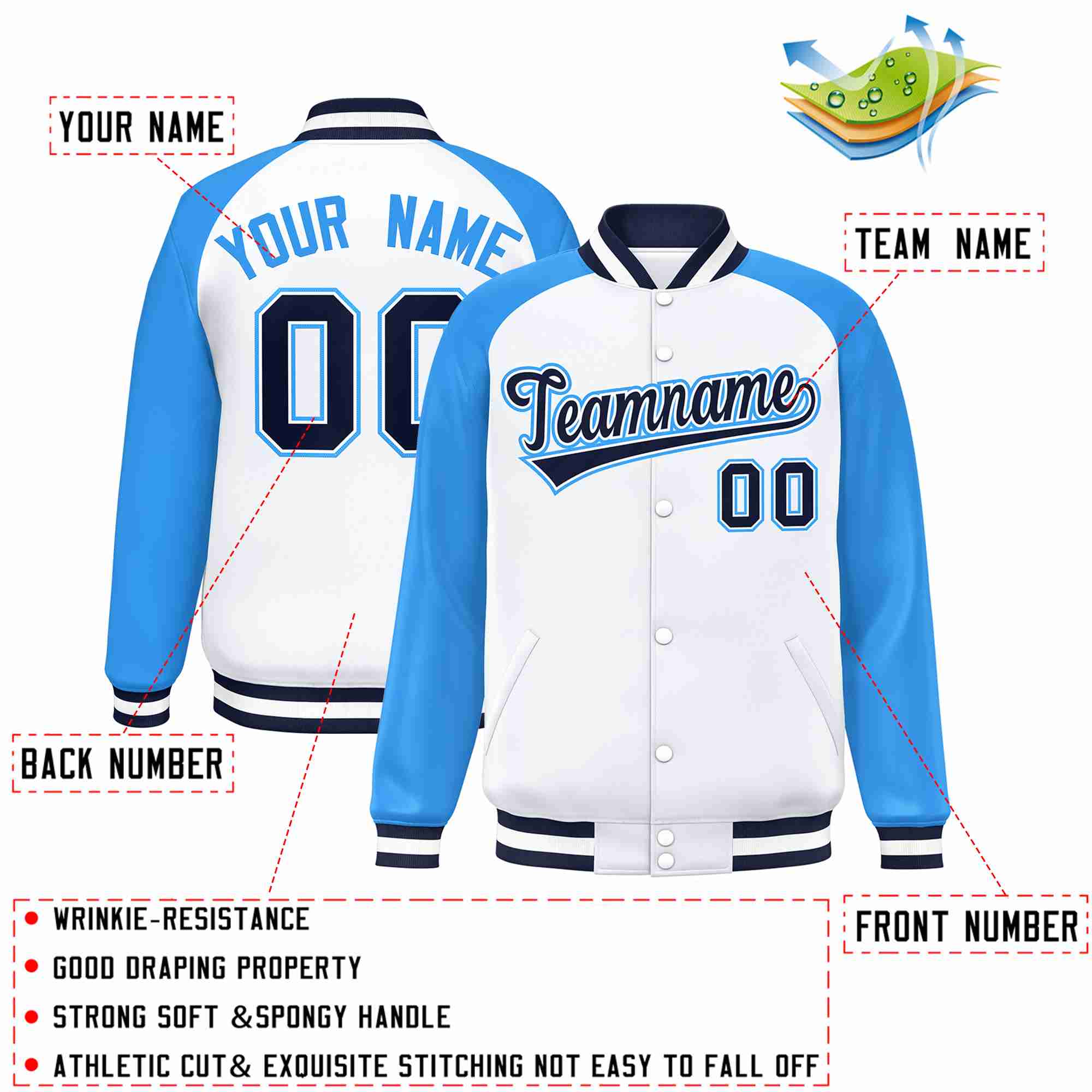 Custom White Navy-White Raglan Sleeves Varsity Full-Snap Letterman Jacket