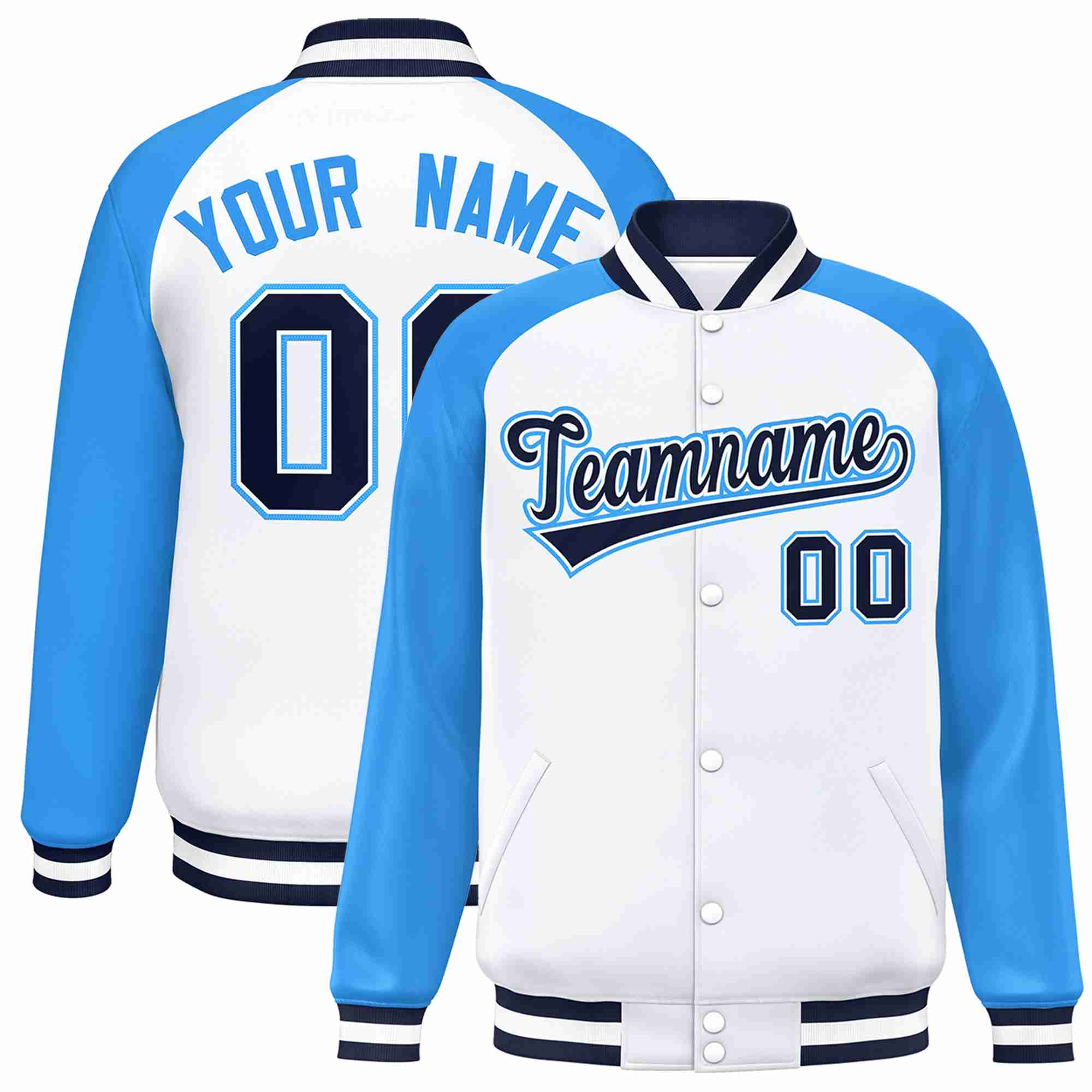 Veste Letterman Varsity Full-Snap à manches raglan blanches et blanches personnalisées