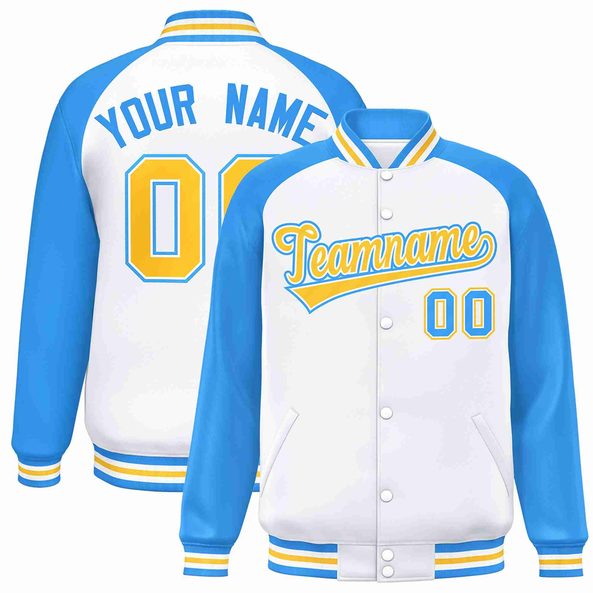 Veste Letterman Varsity Full-Snap à manches raglan personnalisées en or blanc et blanc