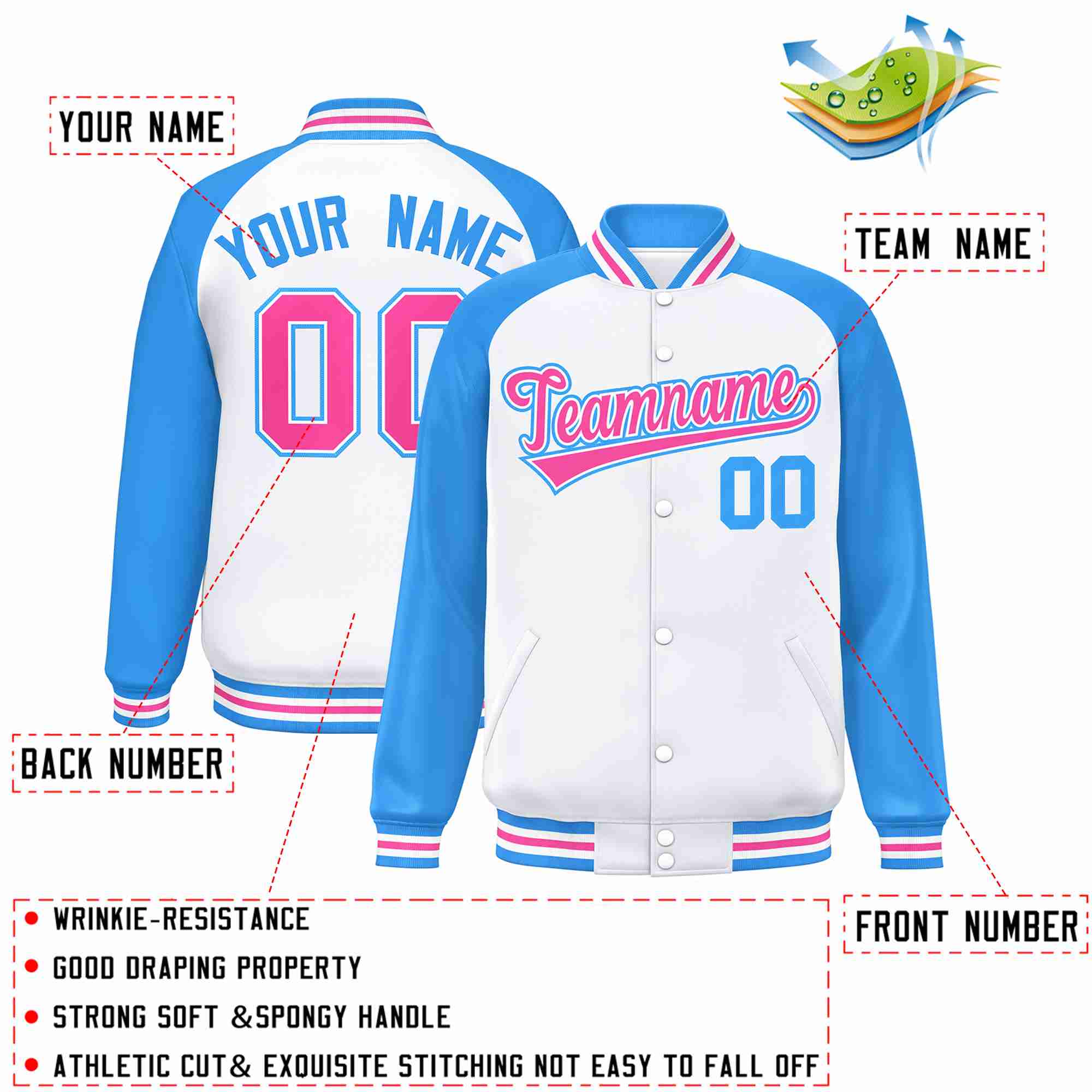 Custom White Pink-White Raglan Sleeves Varsity Full-Snap Letterman Jacket