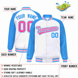 Veste Letterman Varsity Full-Snap à manches raglan blanc rose-blanc personnalisée