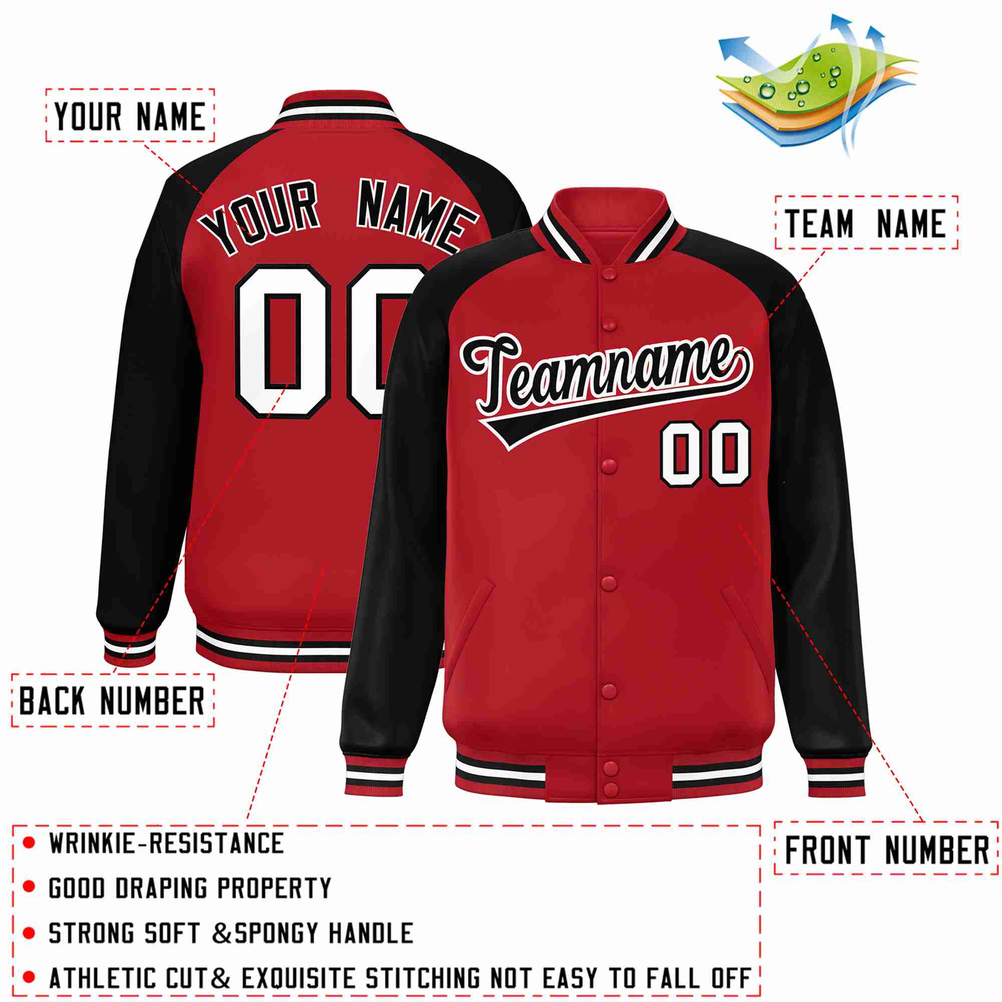 Custom Red Black-White Raglan Sleeves Varsity Full-Snap Letterman Jacket