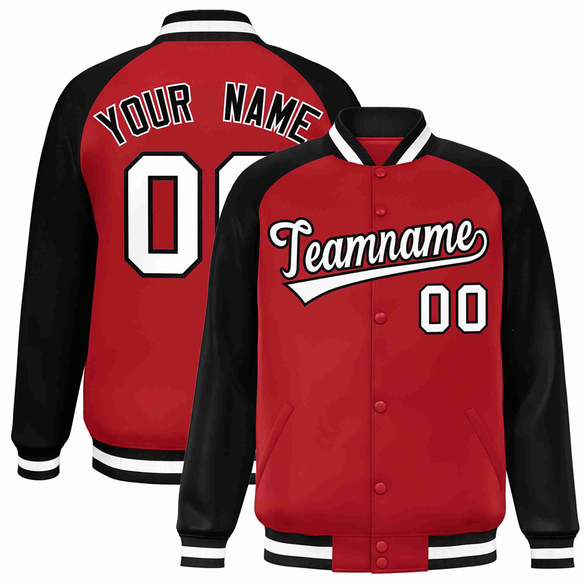 Veste Letterman Varsity Full-Snap à manches raglan personnalisées rouge blanc-noir