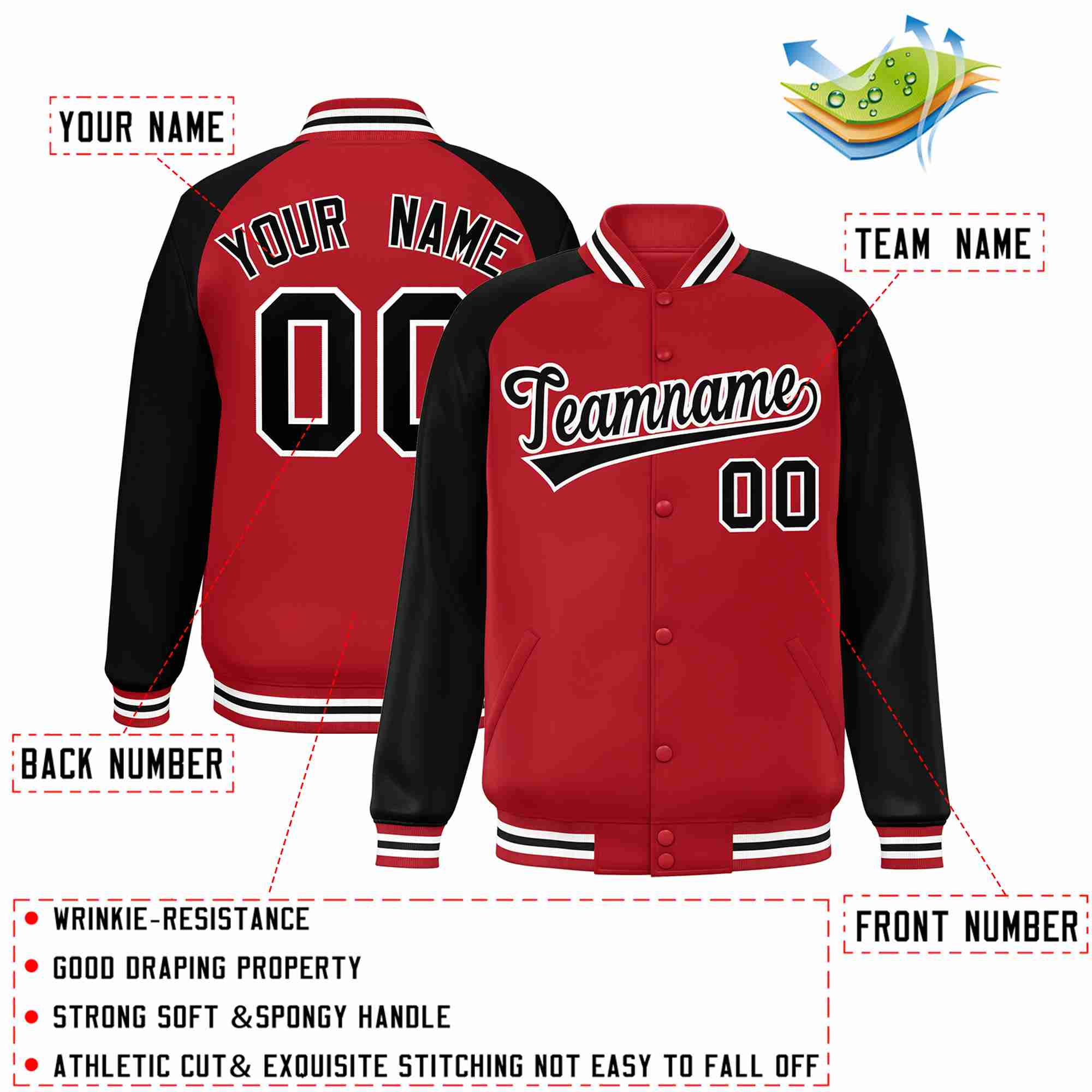 Custom Red Black-White Raglan Sleeves Varsity Full-Snap Letterman Jacket