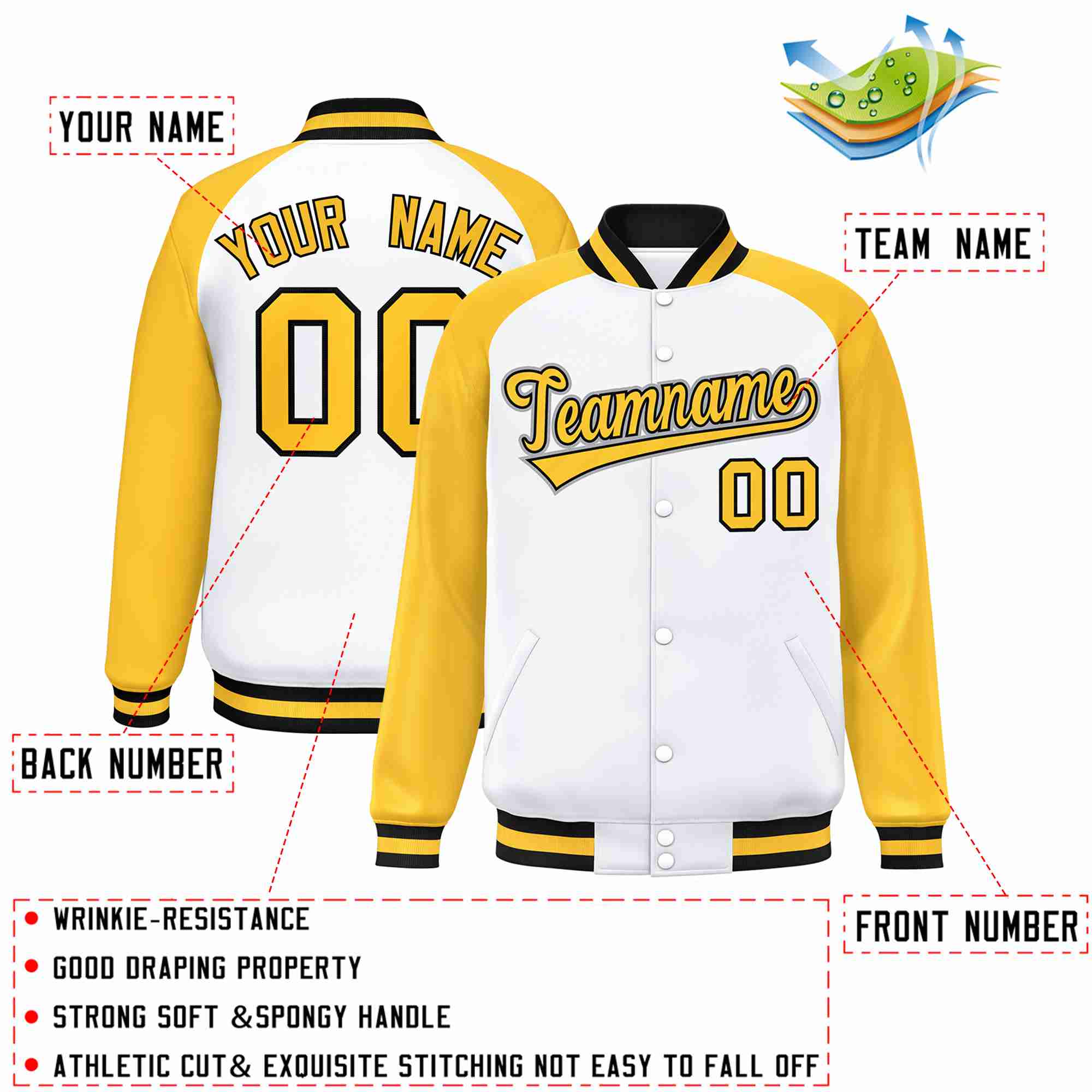 Custom White Gold-Black Raglan Sleeves Varsity Full-Snap Letterman Jacket