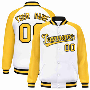 Veste Letterman Varsity Full-Snap à manches raglan personnalisées en or blanc et noir