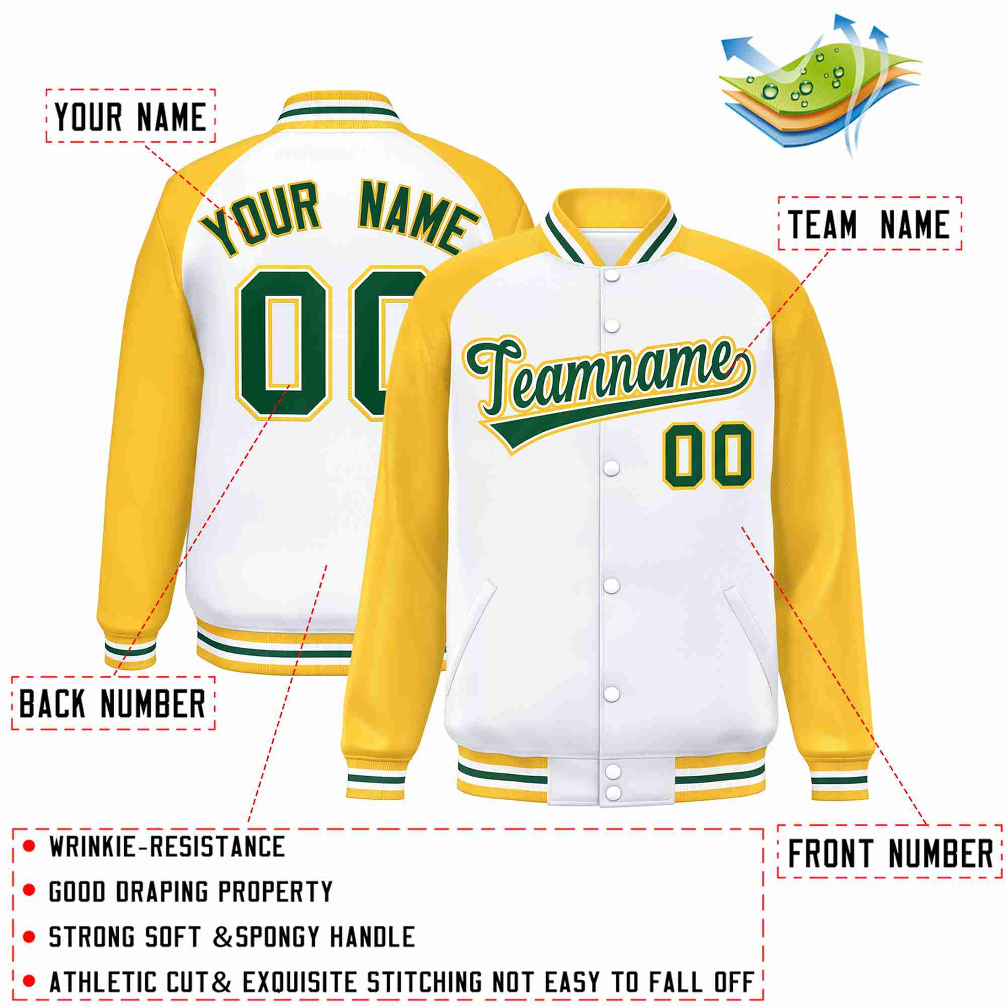 Custom White Green-White Raglan Sleeves Varsity Full-Snap Letterman Jacket