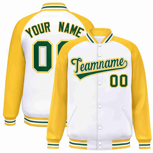 Veste Letterman Varsity Full-Snap personnalisée à manches raglan blanc vert-blanc