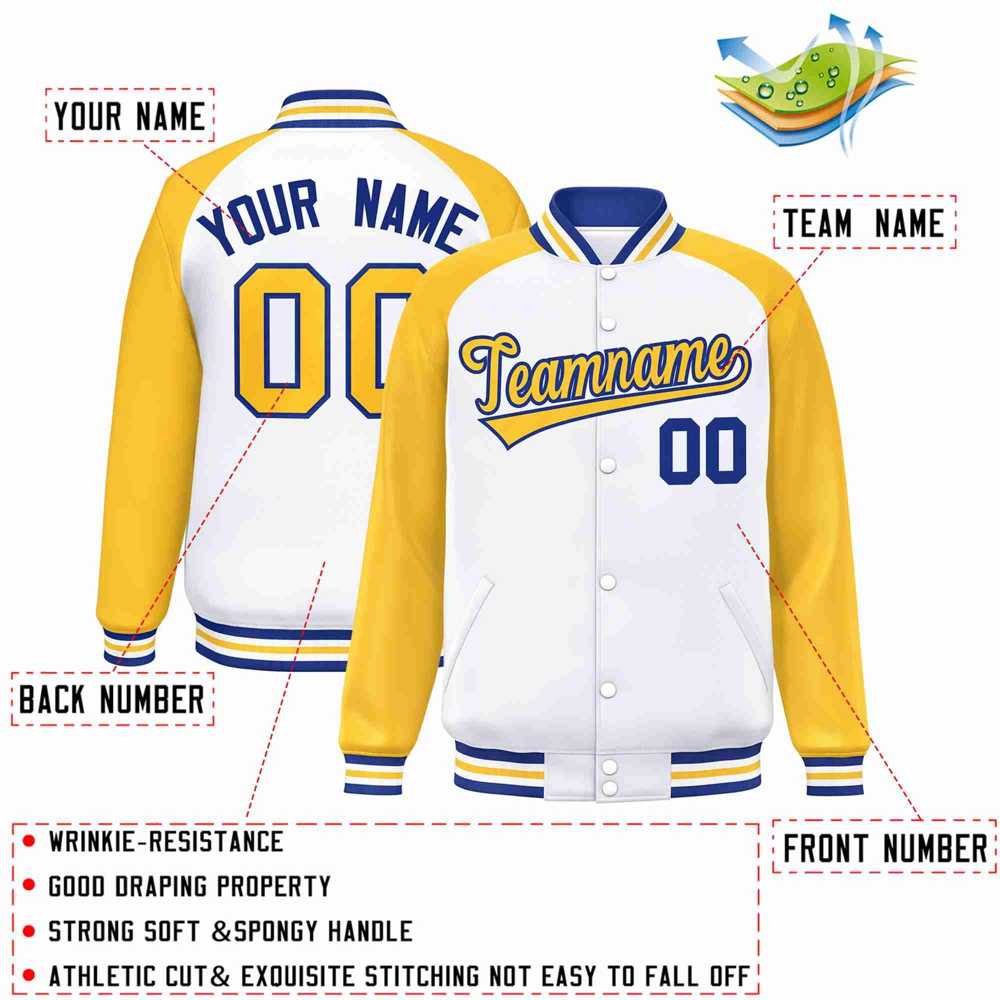 Custom White Gold-Royal Raglan Sleeves Varsity Full-Snap Letterman Jacket